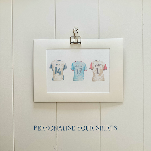 Bespoke 'True colours' three personalised football shirts watercolour | Football artwork